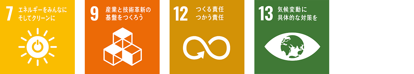 7.エネルギーをみんなにそしてクリーンに、9.産業と技術革新の基盤をつくろう、12.つくる責任すかう責任、13.気候変動に具体的な対策